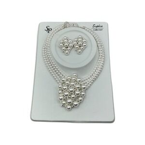 Sophia Collection Pearl Necklace and Earrings Set Silver Tone Rhinestone Accent